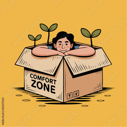 resting in the box of comfort: cartoon figure with sprouts and mustard backdrop of quiet growth
