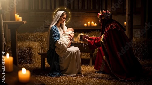 Adoration of the Magi in a classic nativity scene. A wise king presents a gift to the infant Jesus held by Virgin Mary. Biblical Christmas story