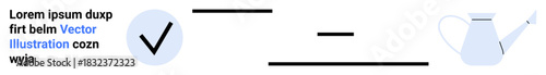 Workflow, process optimization, approval, business steps, gardening, growth development. Checkmark linked with lines to a watering can. Workflow and process optimization concept