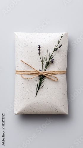 A wrapped gift with a sprig of lavender and tied with twine, presented on a gray background.