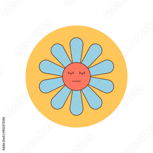 Cute groovy retro flower sticker face with yellow circle and happy cartoon element. Package seal shows cheerful y2k style and playful mood as a fun accent for packaging or gifts.