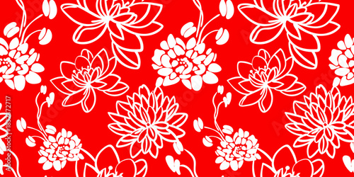 seamless pattern traditional japanese floral motif bright red background white line art flowers asian inspired design