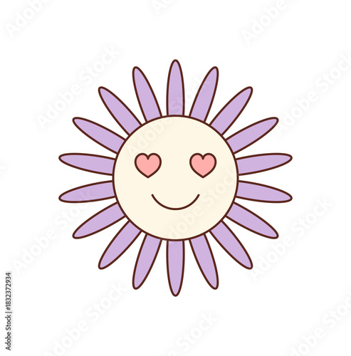 Groovy retro cartoon flower sticker with happy smile and pink heart face. Cute y2k groovy element creates fun, positive, youthful accent in playful pop style for cheerful decorative designs.