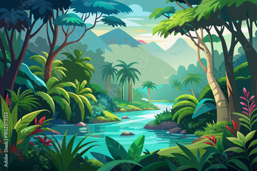 Lush tropical rainforest in Central America, dense green foliage, vibrant forest ecosystem, misty environment, and peaceful natural scenery for travel and nature concept.
