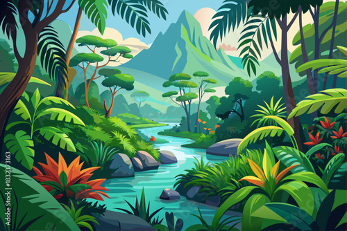 Lush tropical rainforest in Central America, dense green foliage, vibrant forest ecosystem, misty environment, and peaceful natural scenery for travel and nature concept.