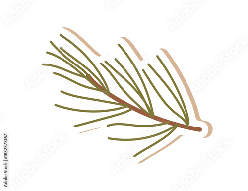 Flat green fir branch holiday sticker in craft style. Pine plant decor blends with kraft gift box and graphic touch. Christmas and holiday ornament element, perfect for natural themed presents.