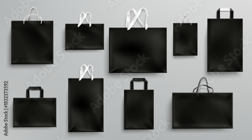 Set of Black Paper Shopping Bag Mockups with Various Sizes and Handles