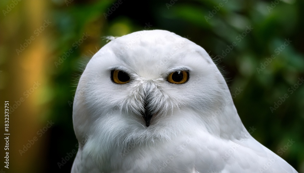 Obraz premium close up of a white feathered owl against a lush green backdrop