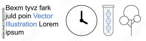 Science research, time management, biology, genetic study, environmental care, sustainability. Clock, DNA helix in a test tube tree sketch. Science research and biology theme
