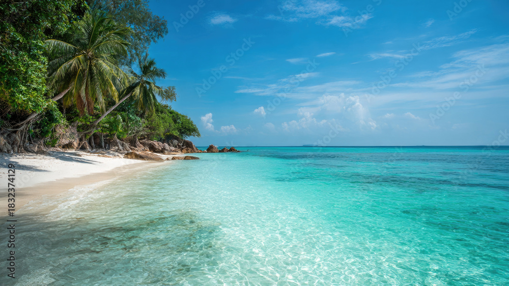 Fototapeta premium Breathtaking tropical beach scene: crystal-clear turquoise waters, pristine white sand, lush palm trees, and vibrant blue sky. An inviting paradise.