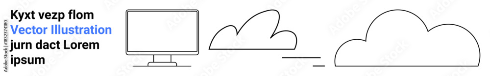 Naklejka premium Cloud computing, digital storage, data transfer, web hosting, online connectivity, technology infrastructure. A monitor beside simplified cloud icons cloud computing. Cloud computing and digital
