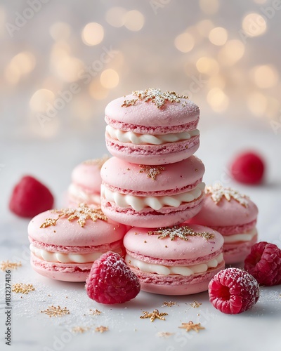 Delicious pink macarons with fresh raspberries.