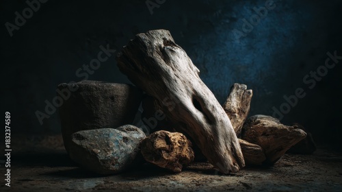 A collection of textured rocks and driftwood on a dark surface.