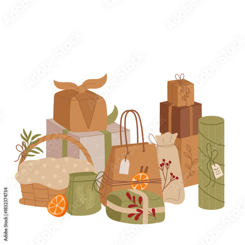 Rustic kraft gift box bundle in flat design style. Green package and present graphic as part of a festive collection. Christmas decor with natural holiday accents for modern seasonal concept.