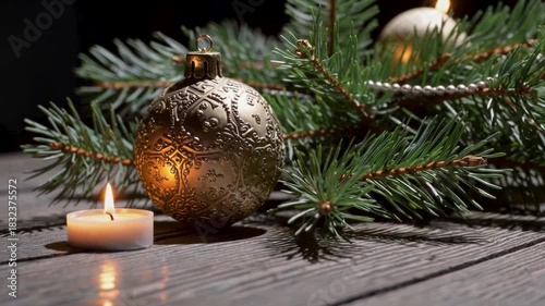 Close-up detail of a golden Christmas bauble resting on a wooden table beside a small burning candle and a green fir branch. Warm, cozy atmosphere, soft camera movement