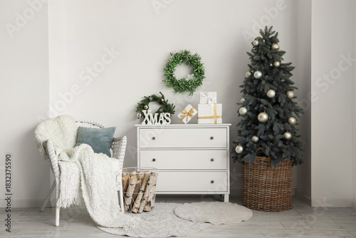 Armchair, Christmas tree an...