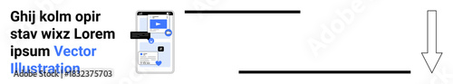 Mobile app design, user interface, digital navigation, software development, prototyping, wireframes. Rectangular smartphone interface with text, buttons and arrows. Mobile app design and user