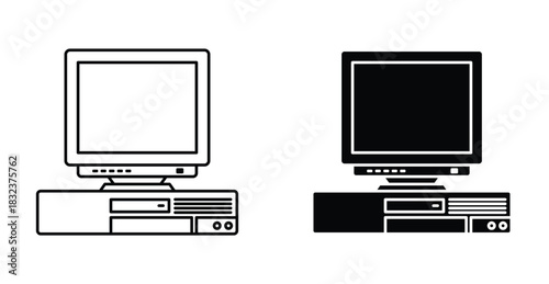Old Computer Icon Set. Old Computer vector symbol in black filled and outlined style.