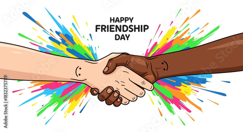 Illustration depicting two hands shaking with colorful splash background, celebrating Friendship Day.