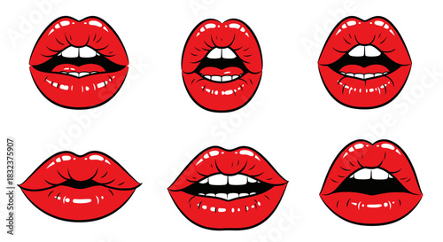 A collection of six different red lips with various expressions.