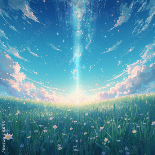 A wide anime meadow under a surreal sky, luminous clouds floating low with gentle magical light radiating from the horizon. Soft pastel tones create peace and wonder, while drifting