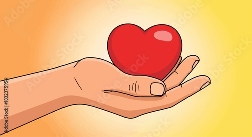 A cartoon hand gently holds a bright red heart against a warm, gradient background.