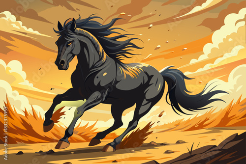 vector of A magnificent black stallion galloping with power in the dust, showing her strength.