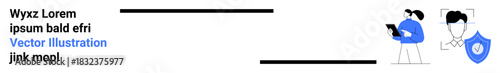 Identity verification, data security, access control, privacy protection, cybersecurity, user authentication. Person analyzing data with a digital security shield. Identity verification and data