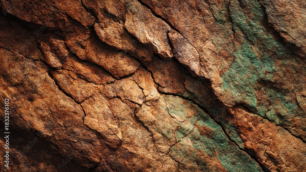 Fototapeta premium A close-up of deeply weathered and cracked wood or bark texture. Rich brown tones contrast with striking blue-green patina, showcasing aged organic beauty.