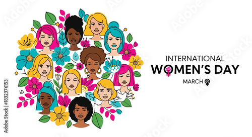 International Women's Day illustration featuring a diverse group of women surrounded by flowers and leaves, with text celebrating the occasion.
