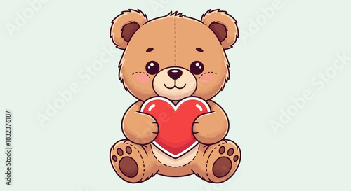 A cute cartoon teddy bear holding a vibrant red heart, sitting on a plain light green background, expressing love and affection.