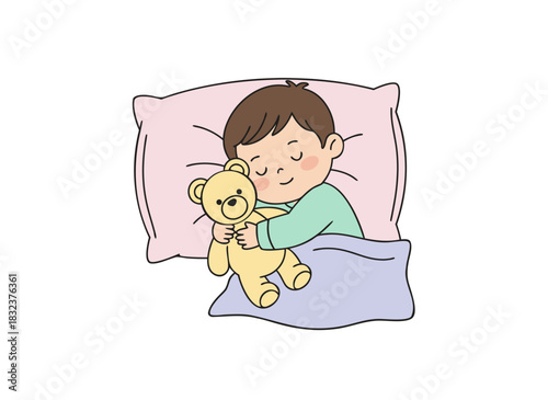 Adorably Cute Toddler Boy Sleeping Peacefully Hugging a Yellow Teddy Bear Toy on a Pink Pillow Under a Blue Blanket on a White Background