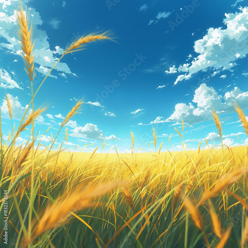 A summer-themed anime landscape showing a bright open field under a vivid blue sky, tall grass swaying in warm sunlight. Clean wide-angle framing and vibrant warm-cool contrast create