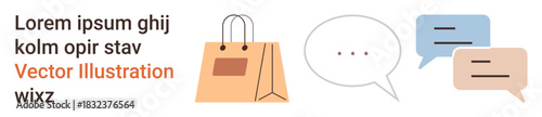 E-commerce, communication, social media, retail business, customer service, online interaction. A shopping bag, speech bubbles and chat icon. E-commerce and communication