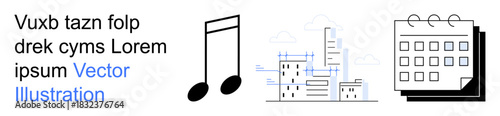 Music, urban planning, scheduling, creativity, organization, productivity. Music note, city buildings calendar elements. Music and urban planning concepts with clean design