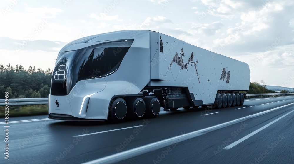Obraz premium Autonomous truck on highway, symbolizing future of cargo logistics. Future of logistics