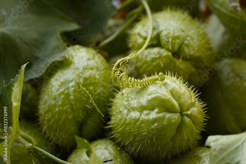 Prickly gourd. Green vegetables with protective spines among the leaves and tendrils of the vine. Healthy eating, agricultural products, botany, organic products, ecology, and tropical crops.