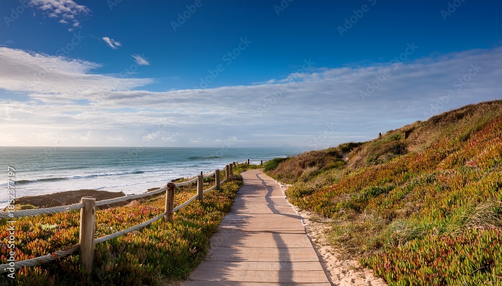 Fototapeta premium scenic coastal pathway leading to serene ocean views and tranquil bliss
