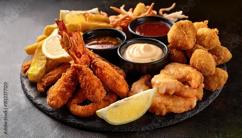 a platter of assorted fried seafood with dipping sauces and lemon wedges