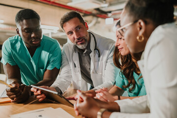 Diverse medical team collaborating on healthcare strategy using tablet