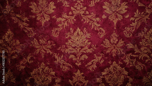 A luxurious dark red velvet background featuring ornate gold damask patterns, evoking a classic, opulent, and vintage aesthetic. Perfect for elegant designs.