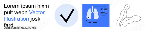 Healthcare, verification, minimalism, diagnostics, medical education, graphic design. A checkmark, lungs diagram and abstract line art. Verification and healthcare concepts