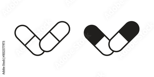 Pills icon flat and thin stroke vector pack. Editable icons set