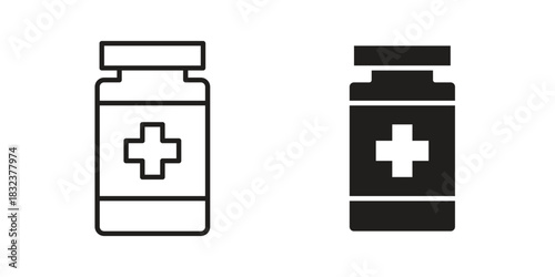 Pill bottle icon flat and thin stroke vector pack. Editable icons set