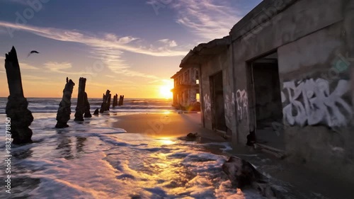 Wallpaper Mural Dilapidated building on sandy shore at sunset with ocean waves and wooden posts Torontodigital.ca