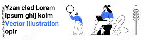 Woman seated with laptop, child holding balloon nearby, plants in background. Ideal for remote work, parenting, outdoor activities, education, minimalism, modern lifestyle simple landing page