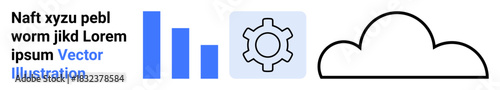 Vertical bar chart, gear icon, and cloud outline highlight data, technology, cloud storage, system settings, and analytics. Ideal for IT, data management digital platforms business dashboards