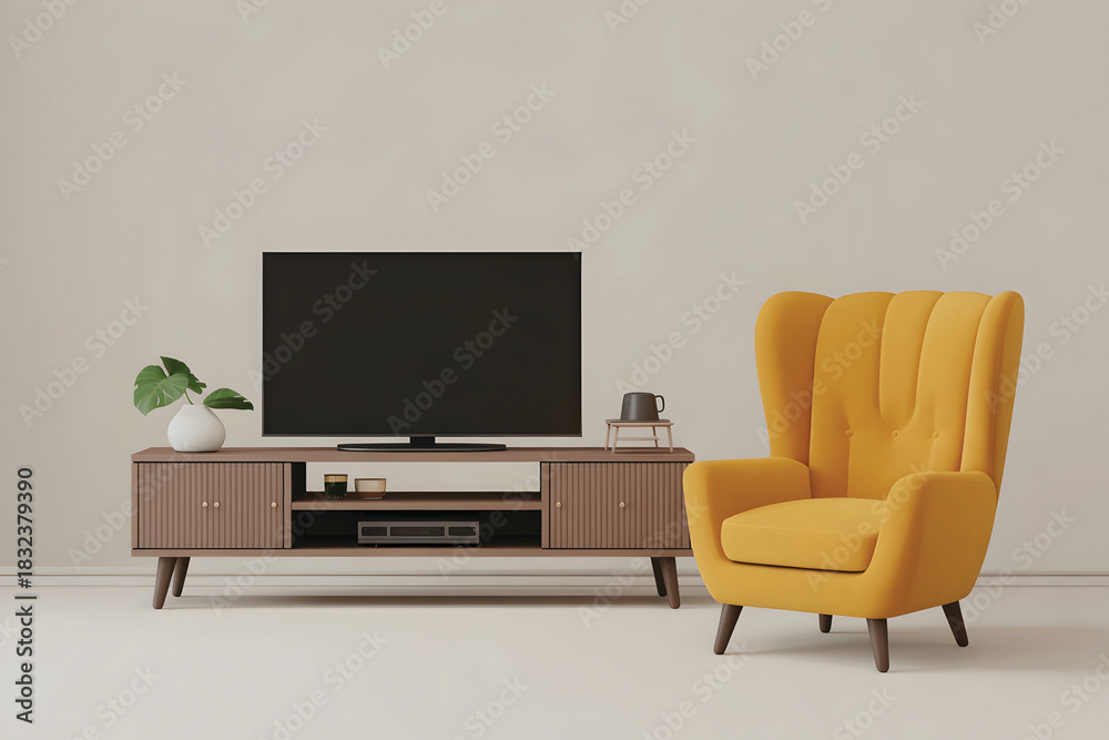 Fototapeta premium Minimalist Mid-Century Living Room with Yellow Wingback Armchair and TV Console