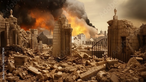 Devastation and destruction evident in a -torn city with burning buildings and rubble