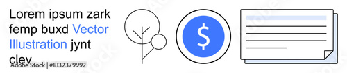 Financial growth, eco-business, sustainability, documentation, business plans, economy. Dollar sign in blue circle, tree outline and document icon. Financial growth and eco-business